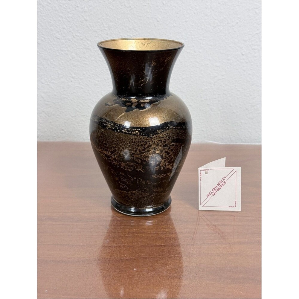 Handmade Painted Fluted Glass Black & Gold Art Vase 7” Signed, 2000